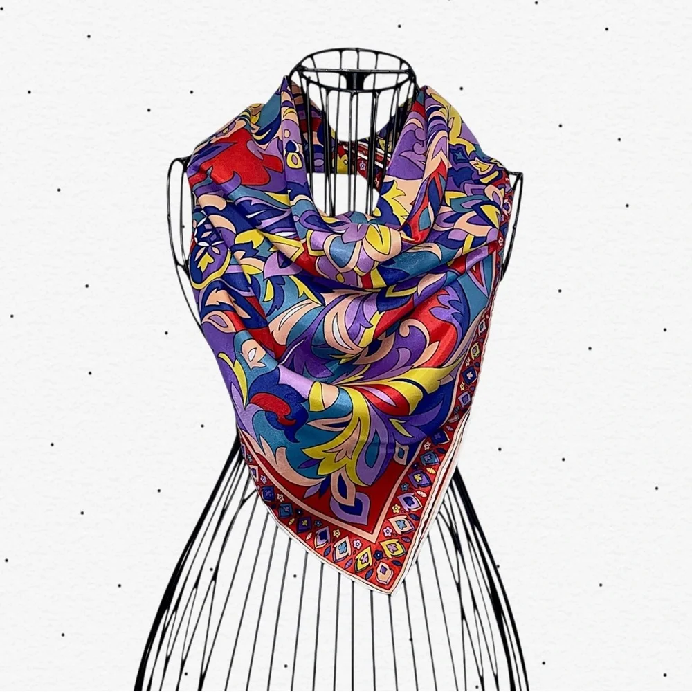 Vintage Vibrant Multicolor Floral Silk Square Scarf